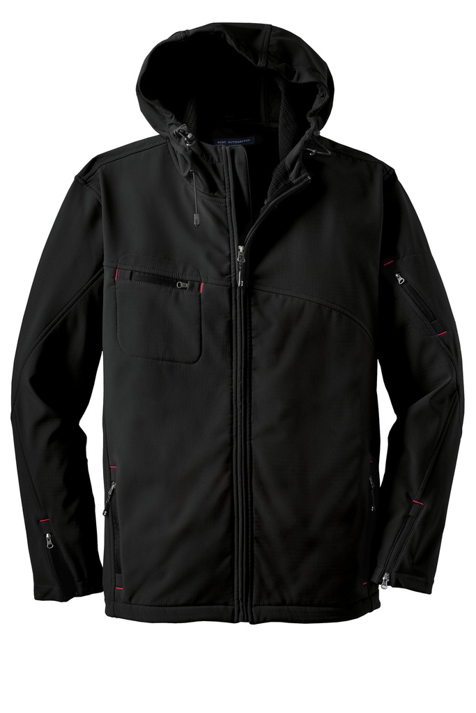 [J706] Port Authority J706 — Textured Hooded Soft Shell Jacket (Black/ Engine Red)